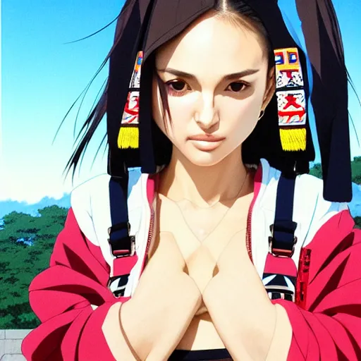 Image similar to a beautiful japanese natalie portman gravure model, wearing oversized native designer bomber jacket and leotard with overalls, bulky poofy bomber jacket with mesoamerican patterns, mesoamerican native street fashion, gapmoe yandere grimdark, trending on pixiv fanbox, painted by greg rutkowski makoto shinkai takashi takeuchi studio ghibli, akihiko yoshida