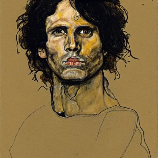 Image similar to portrait of jim morrison by egon schiele in the style of greg rutkowski