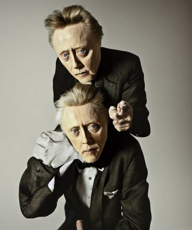 Prompt: a color photograph of christopher walken, by annie leibovitz and thomas ruff, platinum blond, intense, bold, exaggerated, overblown, ultra sharp, extra details, ultra high quality, trending on pinteresst