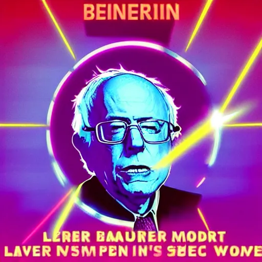 Image similar to bernie sanders shooting a laser beam from his eyes, synthwave