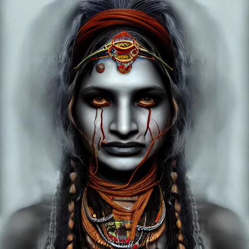 Prompt: Female Aghori Sadhu portrait, veins, nervous system, sinew, 8k , high octane render, unreal engine 5, IMAX quality, hyperdetailed, realistic, golden ratio, intricate, cinematic lighting,