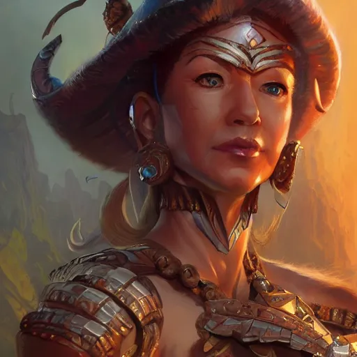 Image similar to Jeff Bezos!! as a female amazon warrior, closeup, D&D, fantasy, intricate, elegant, highly detailed, digital painting, artstation, concept art, matte, sharp focus, illustration, hearthstone, art by Artgerm and Greg Rutkowski and Alphonse Mucha