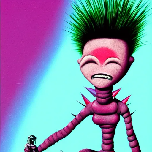 Prompt: a pink punk rock alien with black spiked hair, an airbrush painting by Jamie Hewlett, cgsociety, symbolism, antichrist, aesthetic, 8k