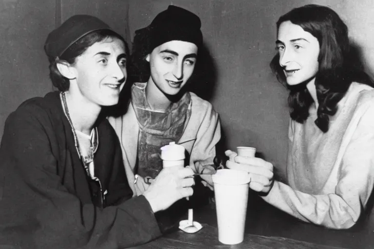 Image similar to anne frank and tupac shakur drinking coffee