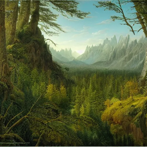 Prompt: a beautiful and highly detailed matte painting of an epic lush mountain range stretching into the distance, fir trees, intricate details, epic scale, insanely complex, 8 k, sharp focus, hyperrealism, very realistic, by caspar friedrich, greg rutowski, james gurney, zeen chin,