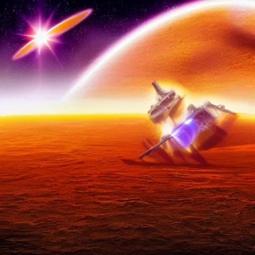 Image similar to starship crashes upon the red planet, sun bursts