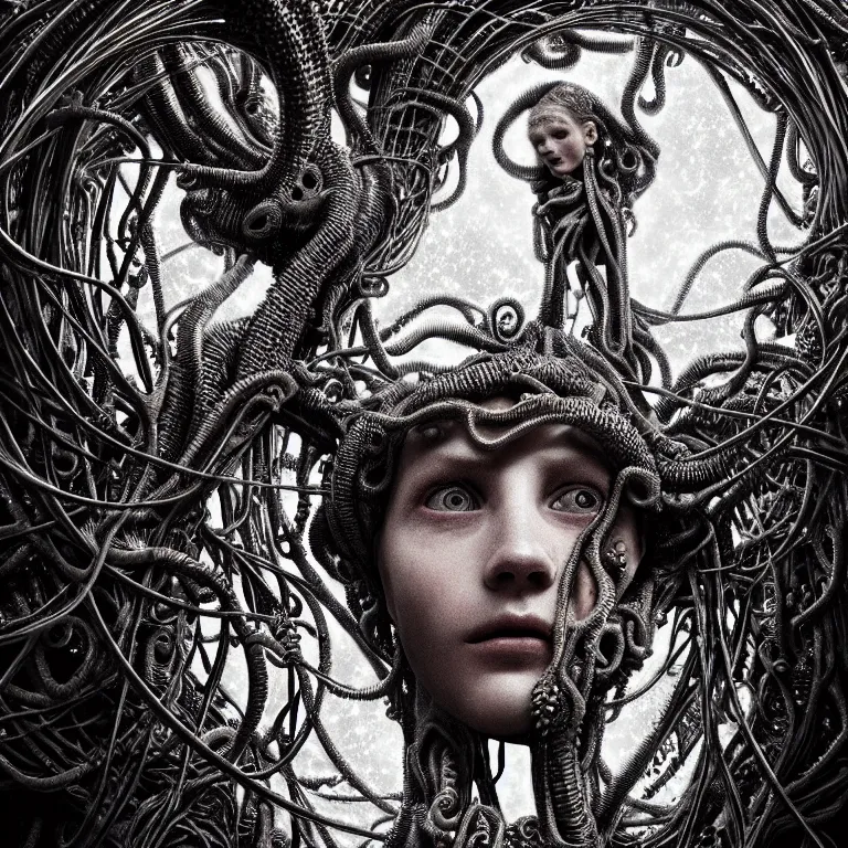 Image similar to ribbed abandoned closeup face portrait of an angel on exoplanet, covered with tentacles, roots, wires, tubes, baroque painting, standing in a desolate empty wasteland, creepy, nightmare, dream-like heavy atmosphere, surreal abandoned buildings, beautiful detailed intricate insanely detailed octane render trending on Artstation, 8K artistic photography, photorealistic, chiaroscuro, Raphael, Caravaggio, Beksinski, Giger