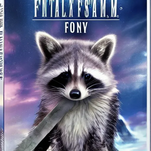 Image similar to final fantasy box art depicting a raccoon