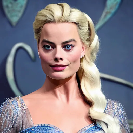 Image similar to Margot Robbie as Elsa in disney frozen live action, 8k full HD photo, cinematic lighting, anatomically correct, oscar award winning, action filled, correct eye placement,