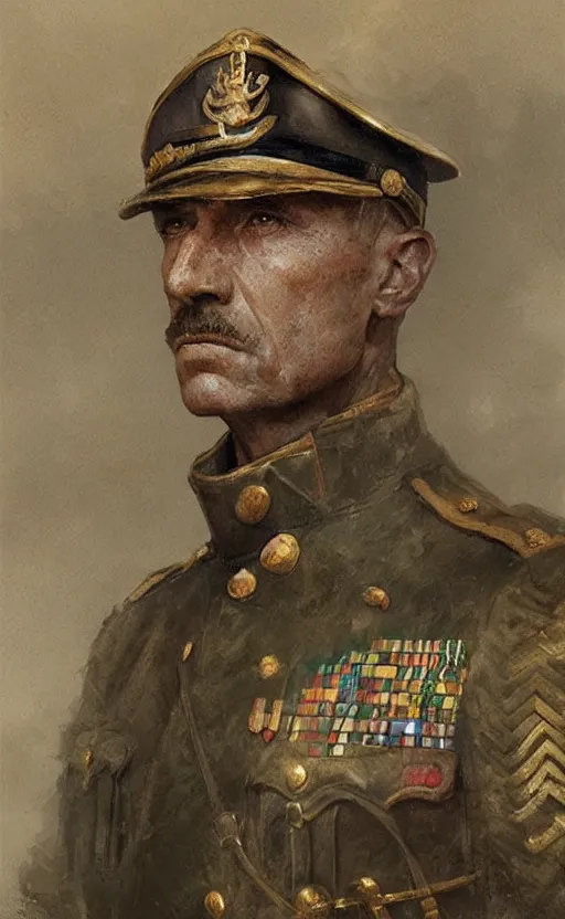 Prompt: Portrait of a WWI general, male, detailed face, 20th century, highly detailed, cinematic lighting, digital art painting by greg rutkowski