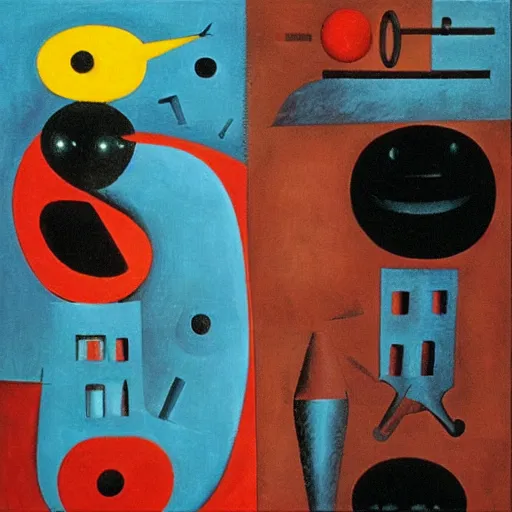 Image similar to Oil painting by Rufino Tamayo. Mechanical gods with bird faces kissing. Oil painting by Joan Miro.