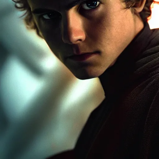 Image similar to anakin skywalker, hayden christensen, revenge of the sith, star wars, promotional shot, 4k, highly detailed face, professional photography, cinematic, film, low lighting, portrait,