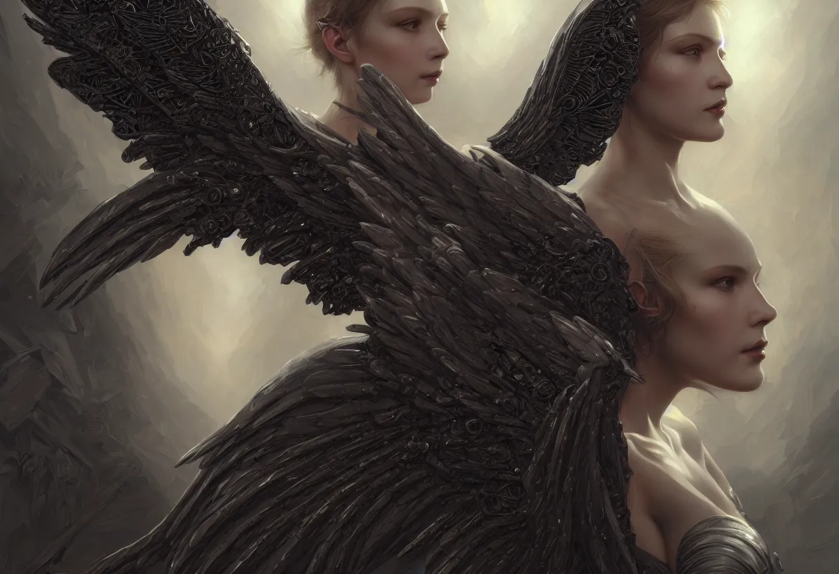 Prompt: detailed portrait of a big dark angel spread wings, diffuse lighting, scifi fantasy, intricate, highly detailed, lifelike, photorealistic, digital painting, artstation, illustration, concept art, smooth, sharp focus, art by john collier and albert aublet and krenz cushart