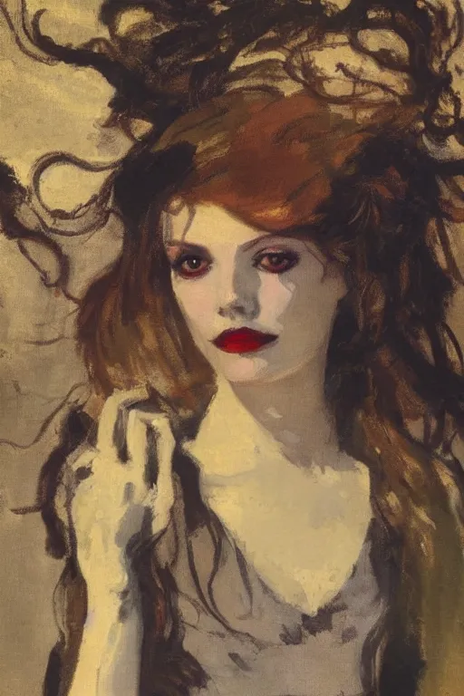 Image similar to portrait of hannah murray as delirium of the endless, the sandman by walter sickert, john singer sargent, and william open