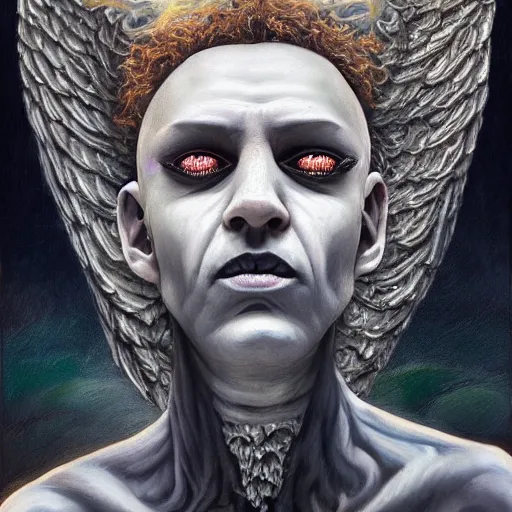 Image similar to eldritch angel from the edges of reality, pseudonatural, azathoth, pulsating, half-face, multiple eyes, multiple mouths, fallen heaven, oil painting, portrait, intricate complexity, rule of thirds, in the style of Adam Paquette, Svetlin Velinov, Daarken, Artgerm, Keith Thompson, and Eric Deschamps, magic the gathering art, character concept