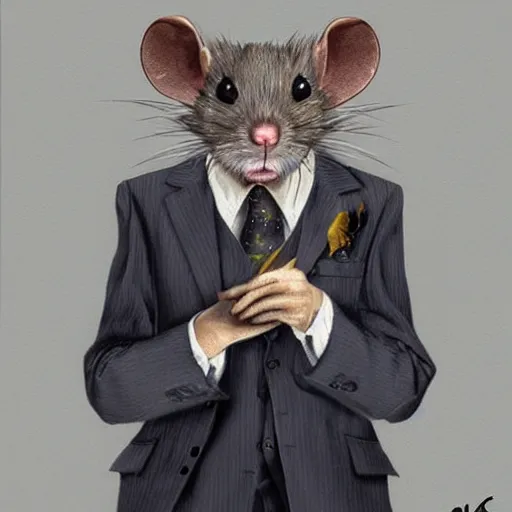Image similar to hyperrealistic rat in a suit smoking a cigarette after a long day of worm