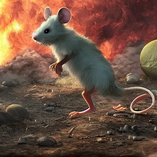 Prompt: an evil furry mouse hunting down and eating humans on a burned planet earth