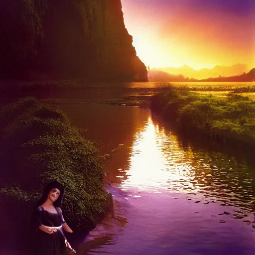 Image similar to Photo of the most beautiful woman, she is posing, she is walking on a river, she is getting ulluminated by the rays of the sunset, the photo was taking by Steve McCurry, matte painting, oil painting, naturalism, 4k, 8k