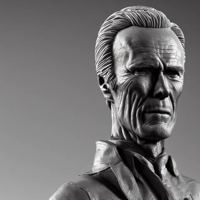 Image similar to photography of a sculpture of Clint Eastwood made of clay by Sebastian Kruger and Michelangelo, 50mm, studio atmosphere, 8K, rim light, octane render, ultra-realistic