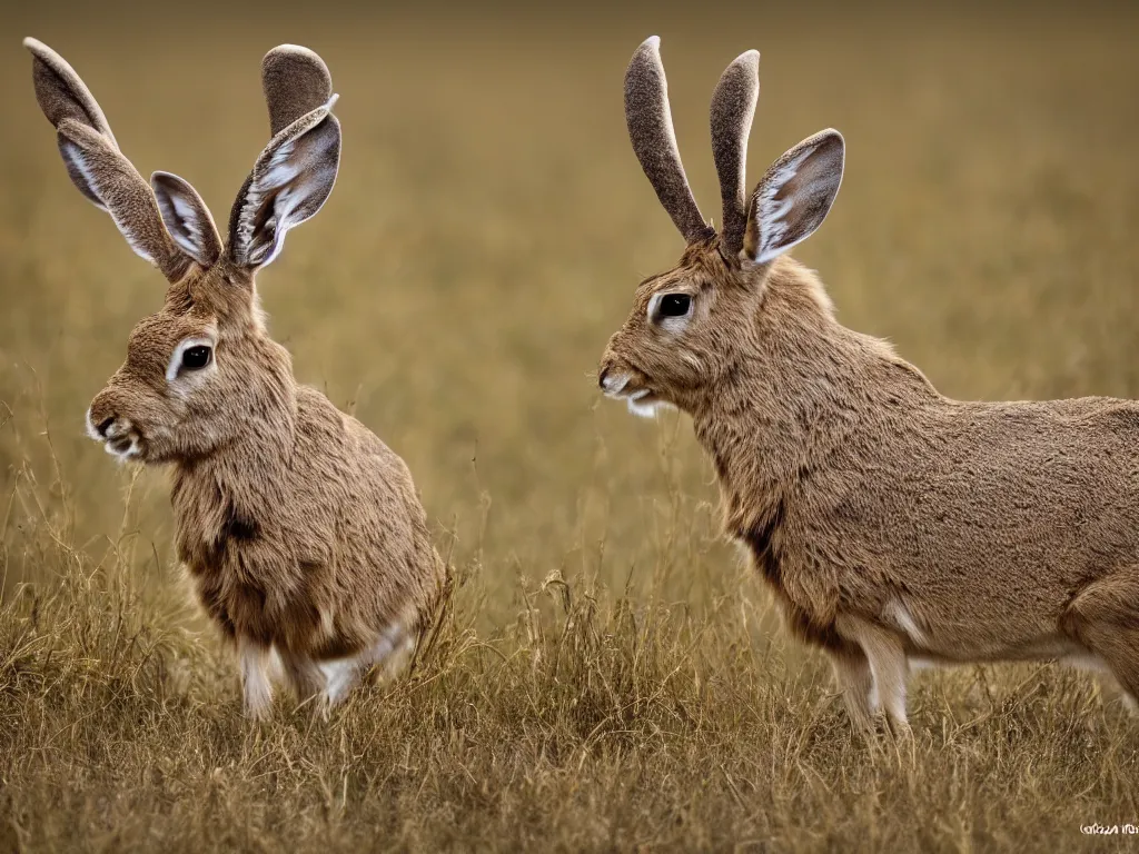 Image similar to a photograph of a jackalope grazing in a field, by national geographic, ultra real, 8 k, high resolution, golden hour, depth of field, nature photography