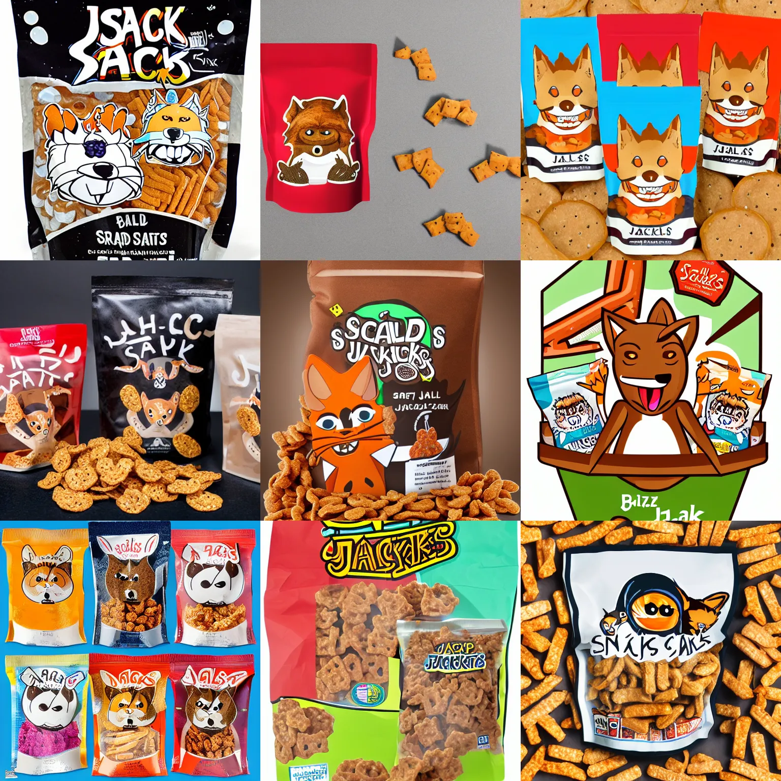Prompt: a bag of snack jackals salted snack treats, featuring the mascot snackals the jackal, snack food illustration, food mascot, cartoon jackal, furry jackal, furry art