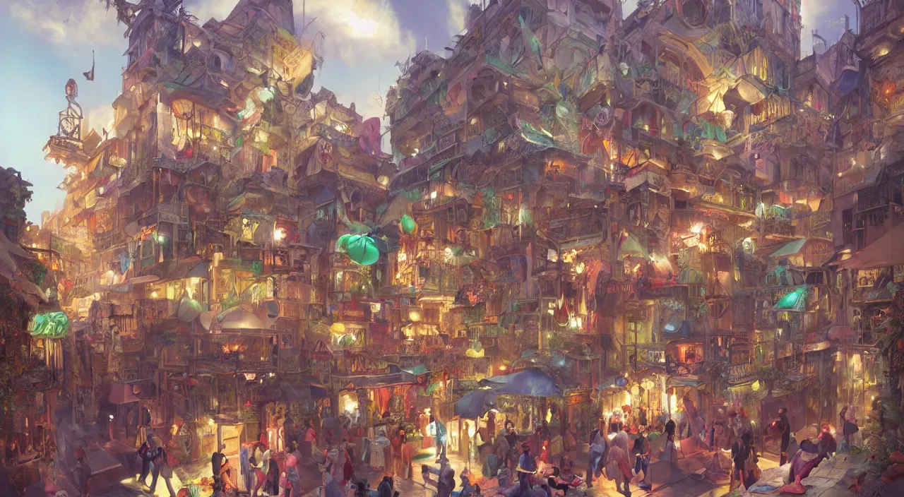 Prompt: bazaar zouk oriantal place mosquet multicolorful sky shine matte painting, street art, trending on artstation, by huang guangjian and gil elvgren and sachin teng