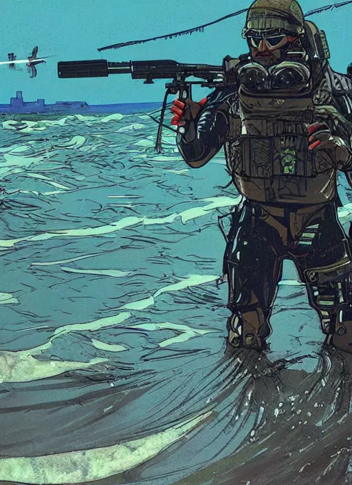 Prompt: Hector. USN blackops operator emerging from water at the shoreline. Operator wearing Futuristic cyberpunk tactical wetsuit and looking at an abandoned shipyard. Frogtrooper. rb6s, MGS, and splinter cell Concept art by James Gurney, Alphonso Mucha. Vivid color scheme.