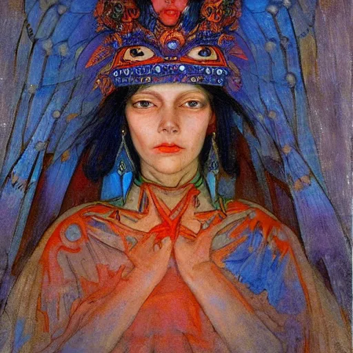 Image similar to the raven queen in her crown, by Annie Swynnerton and Nicholas Roerich and Diego Rivera, blue skin, elaborate costume, geometric ornament, rich color, dramatic cinematic lighting, smooth, sharp focus, extremely detailed