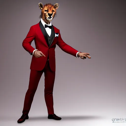 Image similar to a studio photograph of a red cheetah wearing a tuxedo suit,professional photography,studio lighting,studio photo,professional lighting,3 point lighting,dramatic,4k,detailed face,hyperdetailed,photorealistic,digital art,ultra realistic,ultra detailed,art by greg rutkowski