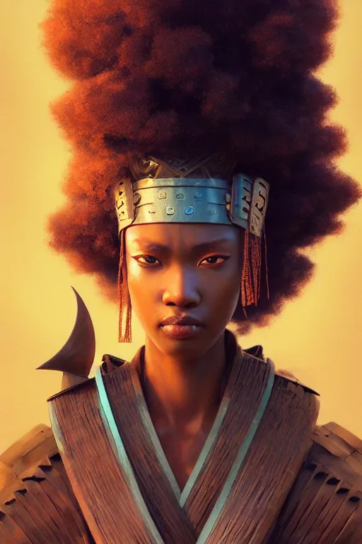 Image similar to samurai with afro, prism highlights, brown skin, blue eyes, telephoto, depth of field, cinematic, macro, concept art, art station, wepa digital, digital painting, elegant, epic, focus, octane render, v-ray, 8k, C4D, art by Karol Bak