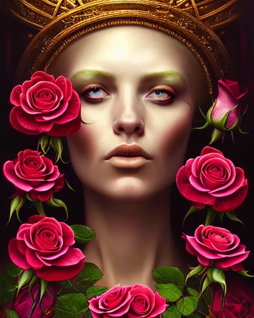 Prompt: portrait of a beautiful rose goddess, unusual beauty, esoteric, outher worldly colours, head in focus, fantasy art, ornamental rose aesthetics,, intricate, elegant, highly detailed hyperrealistic painting, artstation, concept art, painterly, golden ratio, sharp focus, illustration, art by tomasz alen kopera