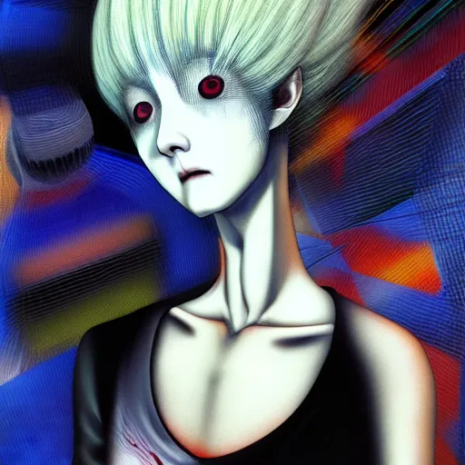 Image similar to yoshitaka amano blurred and dreamy three quarter angle portrait of a young woman with white hair and black eyes wearing dress suit with tie, playstation 2 horror game, junji ito abstract patterns in the background, satoshi kon anime, chungking express color palette, noisy film grain effect, highly detailed, renaissance oil painting, weird portrait angle, blurred lost edges