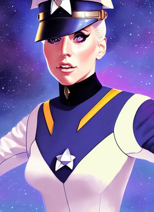 Image similar to cute star trek officer lady gaga, natural lighting, path traced, highly detailed, high quality, digital painting, by don bluth and ross tran and studio ghibli and alphonse mucha, artgerm