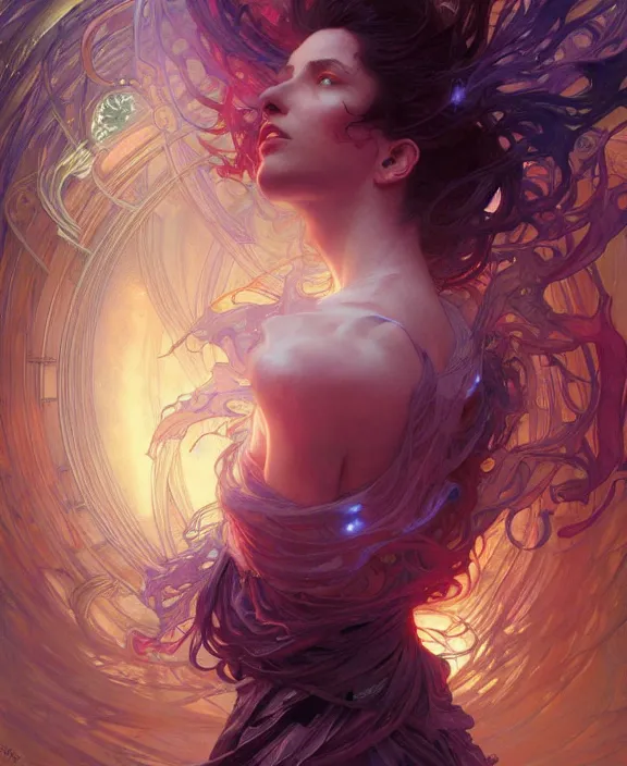 Image similar to a whirlwind of souls ushing inside the metaverse, half body, glowin eyes, d d, fantasy, intricate, elegant, highly detailed, colorful, vivid color, digital painting, artstation, concept art, art by artgerm and greg rutkowski and alphonse mucha and ruan jia