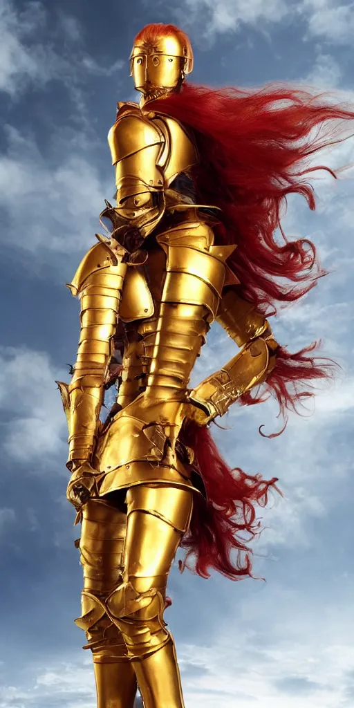 Image similar to a tall, red - haired female knight wearing golden armor and a right golden prosthetic arm, longer than her left arm. she wields a long golden blade