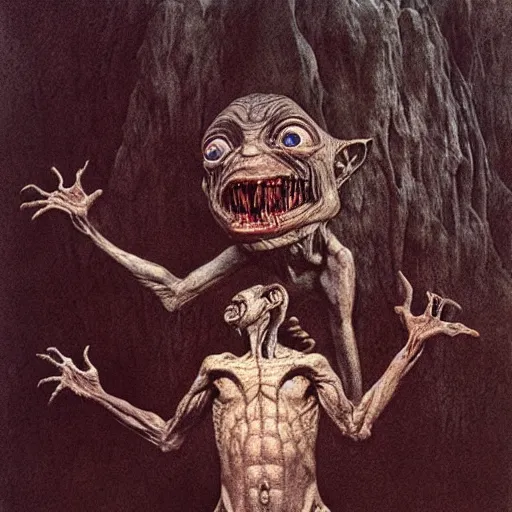 Image similar to gollum smeagol grotesque, ultra detailed, ultra realistic, by beksinski, alejandro jodorowsky