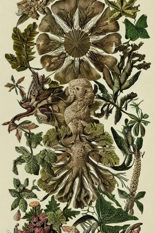 Image similar to an extremely high quality hd, a drawing of a group of plants and animals, an illustration of by earnst haeckel, deviantart, folk art, photoillustration, repeating pattern, woodcut, 8 k, ultra realistic, very realistic