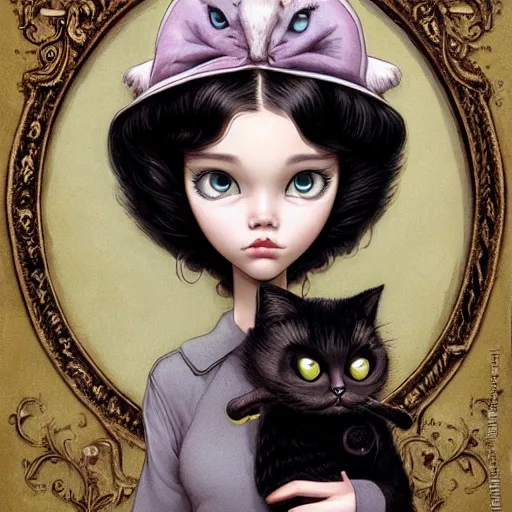 Prompt: Lofi portrait of a girl holding a cat, Pixar style by Joe Fenton and Stanley Artgerm and Tom Bagshaw and Tim Burton