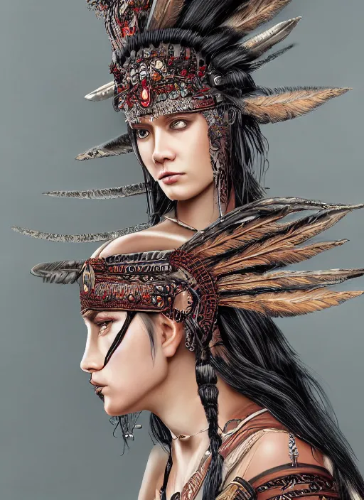 Image similar to hyper detailed image of an Redskin warrior princess wearing a headdress, intricate, elegant, long black hair, hd, 8k, muted colors,