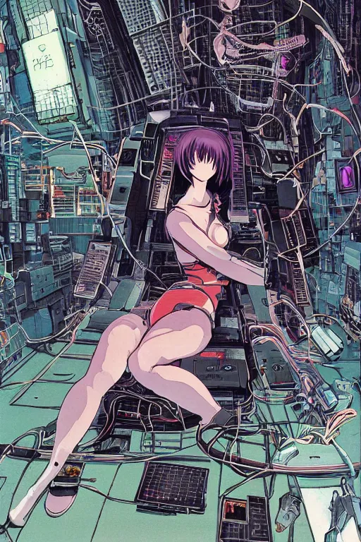 Prompt: awe inspiring cyberpunk anime style illustration of a. female android seated on the floor in a tech labor, seen from the side with her back open showing a cables and wires coming out, by masamune shirow and katsuhiro otomo, japan, 1980s, dark, colorful