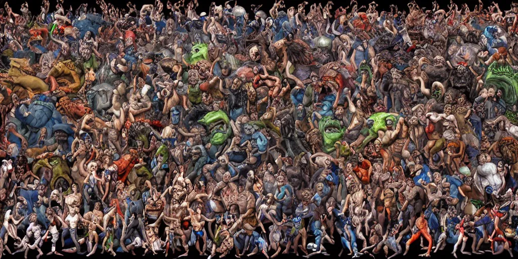 Prompt: digital painting of a million monsters doing mixed martial arts, by michael whelan, highly detailed, collage of styles, mix of styles, intricate, ghost in the shell color scheme, mma, boxing, kickboxing