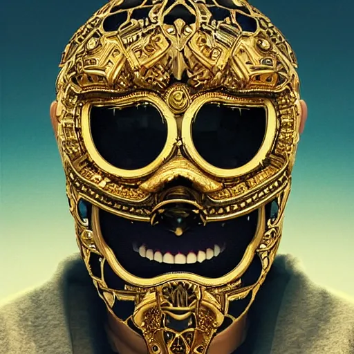 Image similar to portrait_of_a_Thug_with_Gold_Teeth_Smiling_through_Ski_Mask._intricate_abstract._intricate_artwork._by_Tooth_Wu_wlop_beeple_dan_mumford._octane_render_trending_on_artstat