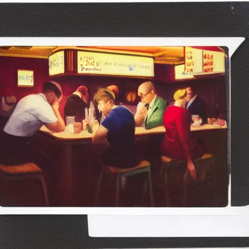 Prompt: a polaroid photo of people at a diner, Edward Hopper composition, detailed, hq, lens flare, realistic