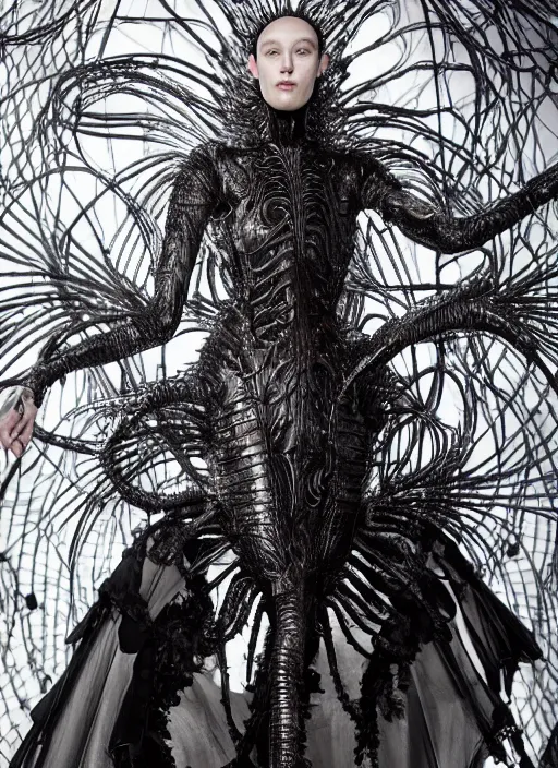 Image similar to walking down the catwalk, ben watts, show, stage, vogue photo, podium, fashion show photo, historical baroque dress dark, iris van herpen, beautiful woman, masterpiece, intricate, biopunk, vogue, full body shot, alien, plant predator, guyver, jellyfish, white biomechanical details, highly detailed