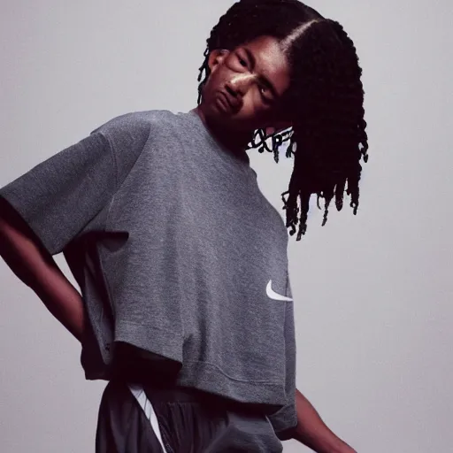 Image similar to realistic editorial photoshooting for a new nike lookbook color film photography of a beautiful woman model, photo in style of tyler mitchell, ssense