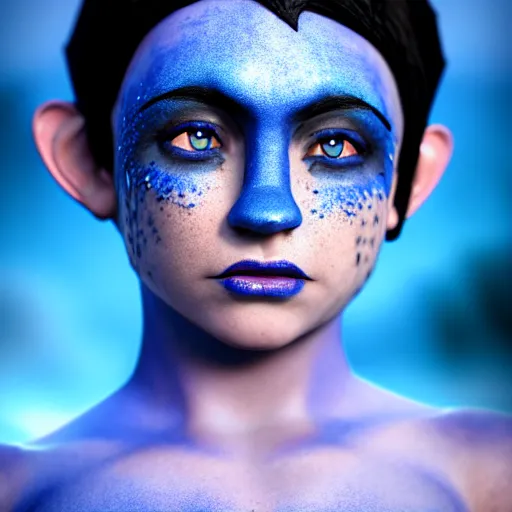 Image similar to a dnd Triton girl with blue skin and messy black hair, a little blue-skinned girl with messy black hair sharp pointed ears freckles along the ridges of her cheeks, dnd triton, high resolution film still, 4k, HDR colors