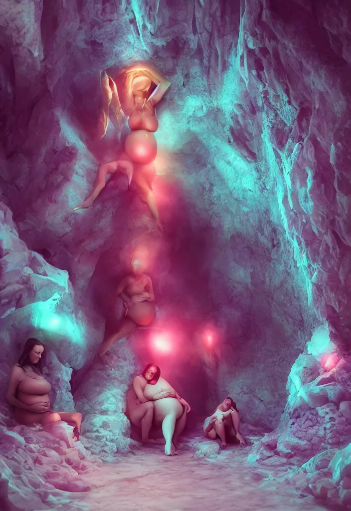 Image similar to epic pregnant woman talking to all her tribe with fluorescence bodies, proud people gather around the pregnant woman, ice cave, facinating, fantasy digital art, octane render, beautiful composition, trending on artstation, award - winning photograph, masterpiece