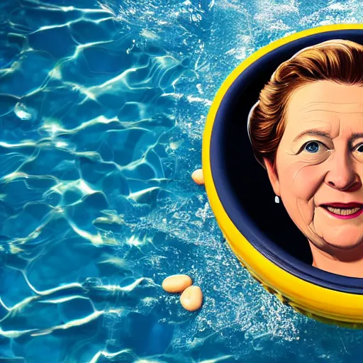 Prompt: photorealistic of the leader of the united kingdom swimming in a pool of beans