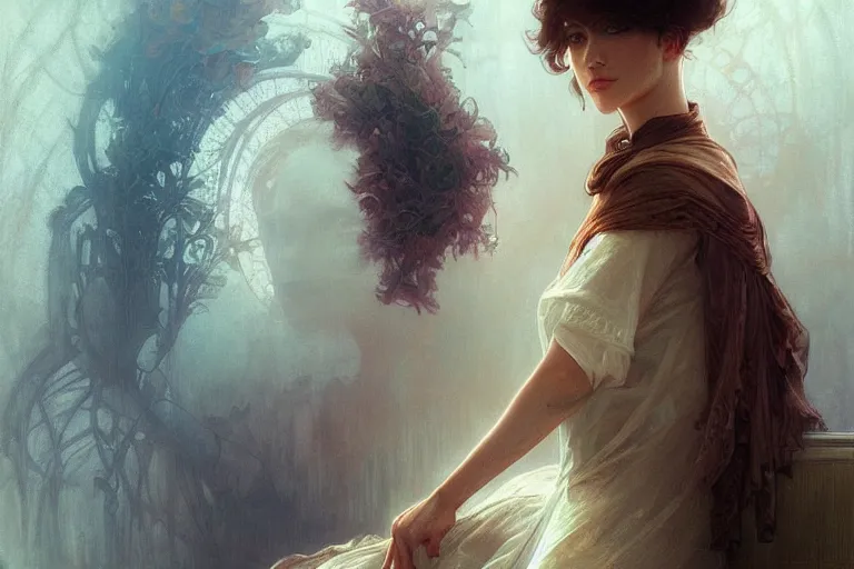 Prompt: all that we see or are seeing is but a dream within a dream, fog, volumetric lighting, intricate, elegant, highly detailed, digital painting, artstation, concept art, smooth, sharp focus, art nouveau, art by artgerm and greg rutkowski and alphonse mucha