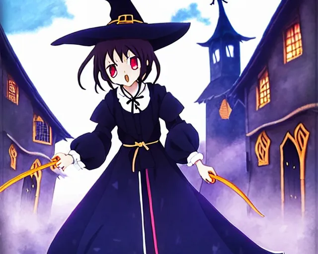 Image similar to ( ( majo no tabitabi ) ), kyoani key anime visual portrait of a young female witch walking through a busy medieval village, dynamic pose, dynamic perspective, cinematic, dramatic lighting, detailed silhouette, anime proportions, perfect anime face ( murata range )